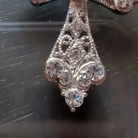 Trinity Filigree Cross Pendant with Rhinestones Silvertone (No Chain) - Picture 3 of 5